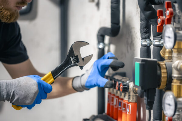 A man installs a heating system in a house and checks the pipes with a wrench. Adjusting heating valves in a residential building. A plumbing and heating technician works.